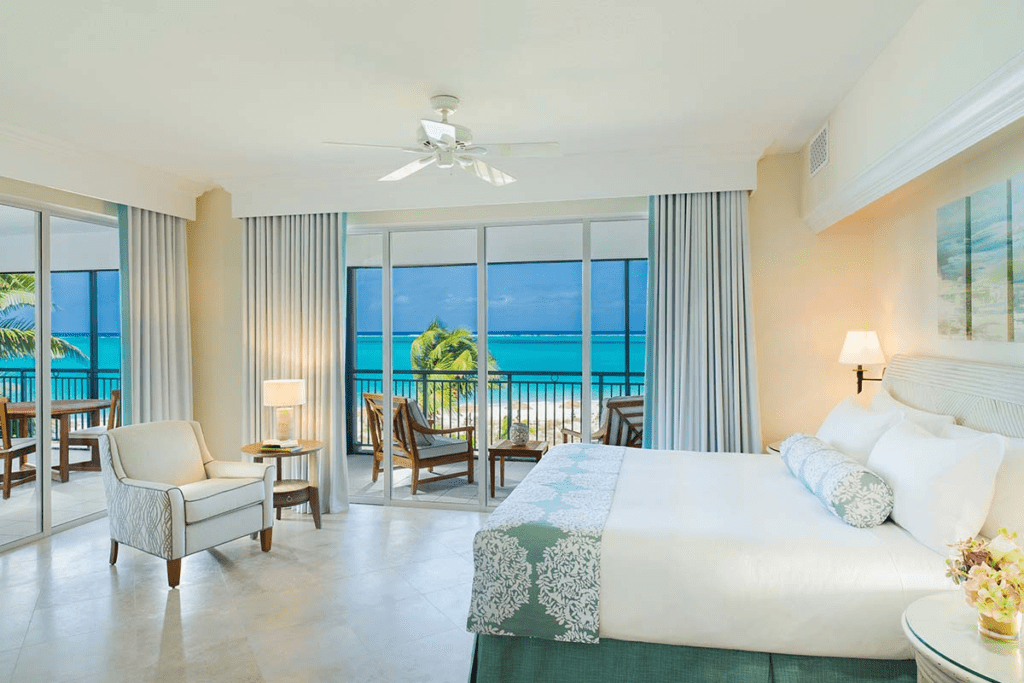 Inside view of a luxury hotel room with a ocean view