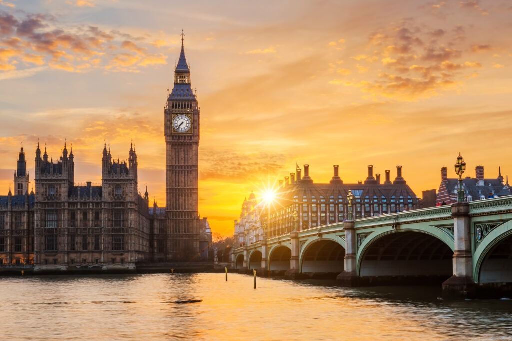 Sunset behind Big Ben in London.