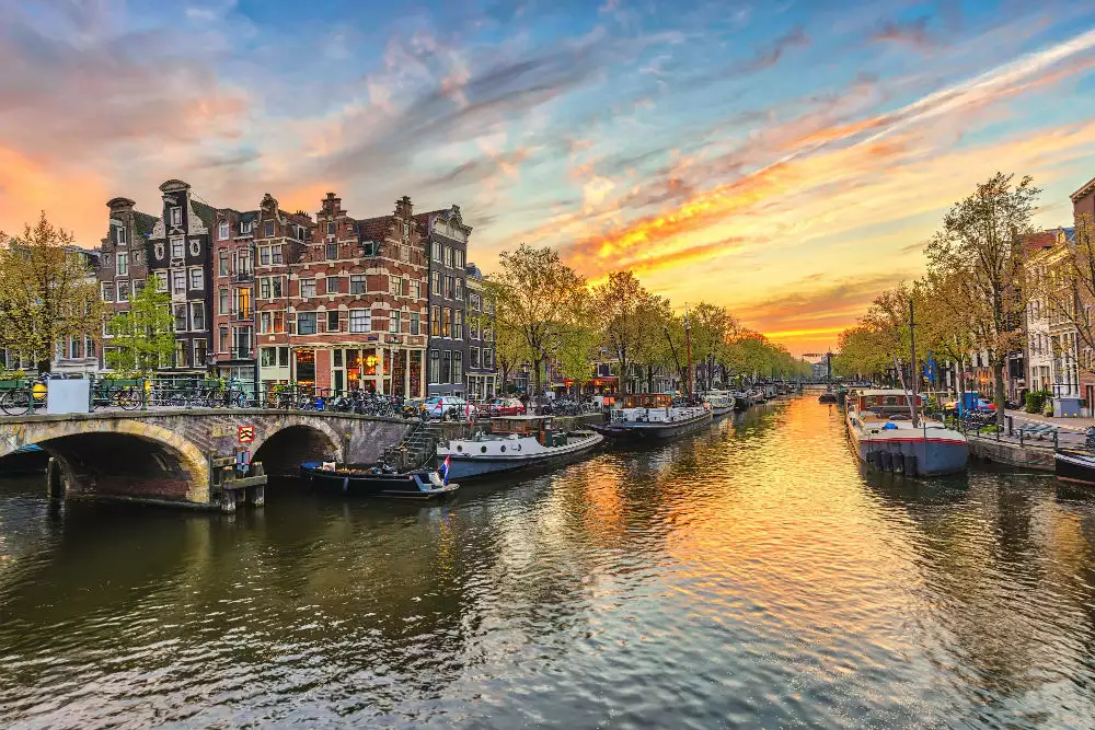 Beautiful Amsterdam canal at sunset.